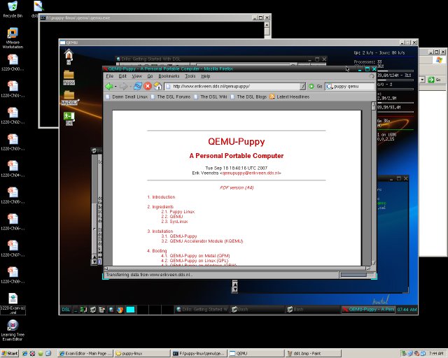 Firefox on DSL or Damn Small Linux running inside a QEMU emulator on a 64-bit Windows XP desktop.