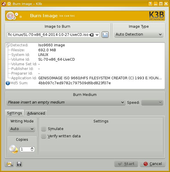 K3b burning a Scientific Linux live ISO image.