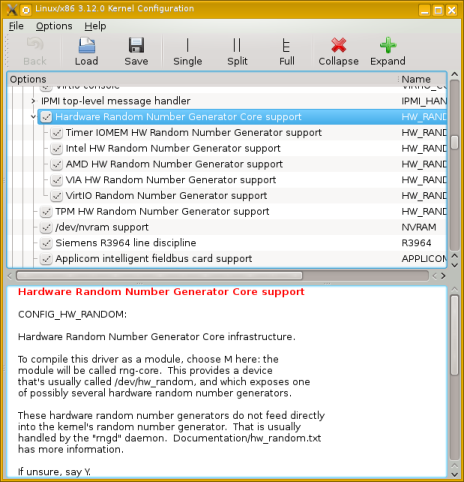 Linux kernel build configuration, selecting hardware random number generator support.