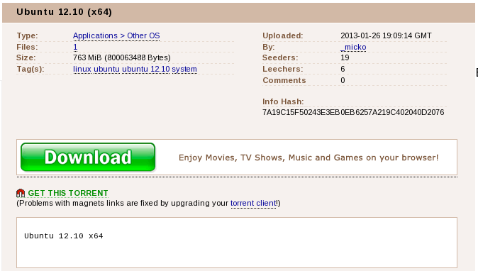 Finding torrent files and magnet links at The Pirate Bay.