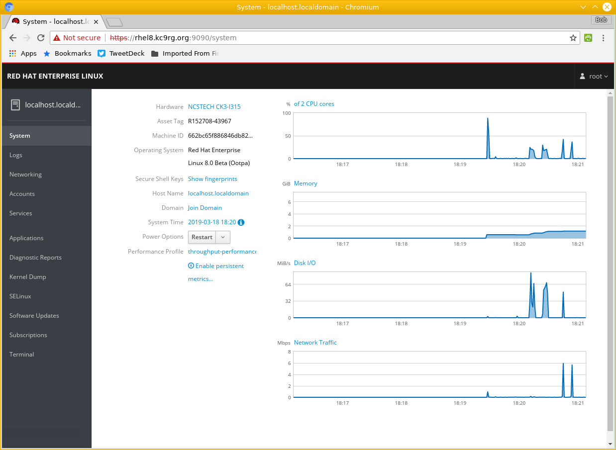 Cockpit web console on RHEL 8, system overview.