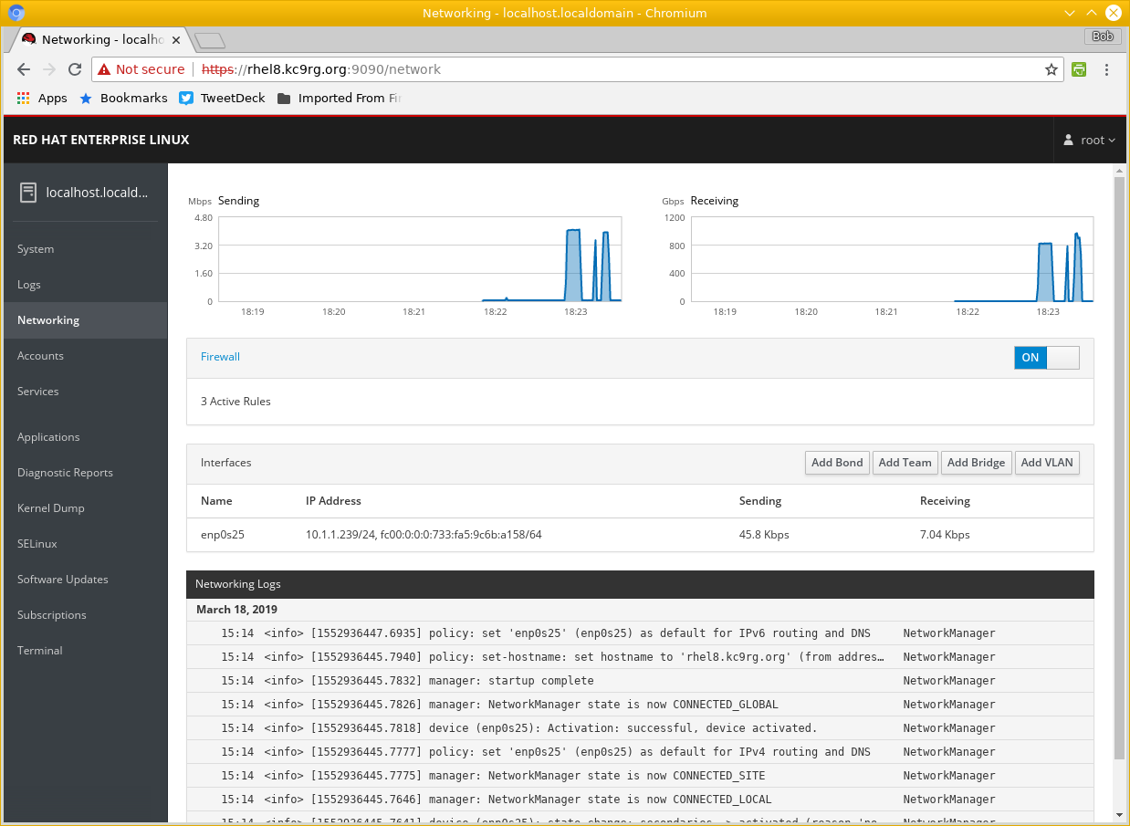 Cockpit web console on RHEL 8, network activity.