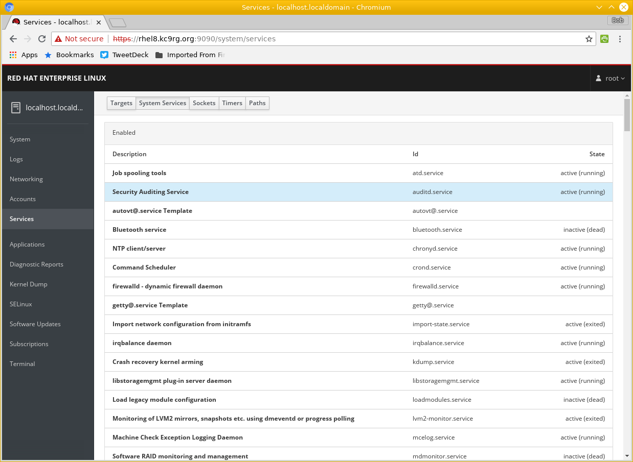 Cockpit web console on RHEL 8, services overview.