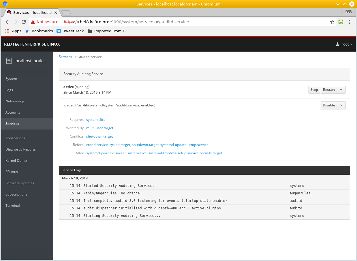 Cockpit web console on RHEL 8, audit service.