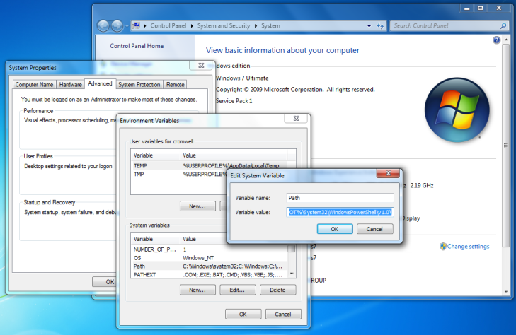 Setting the PATH environment variable in the System Properties of a Windows 7 host.