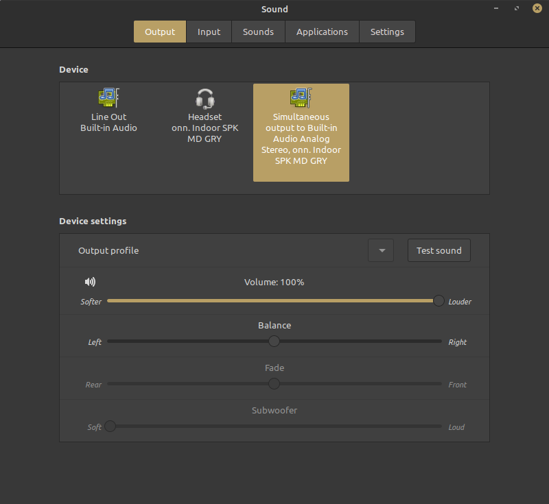 Sound settings panel, selecting simultaneous output to two speakers.