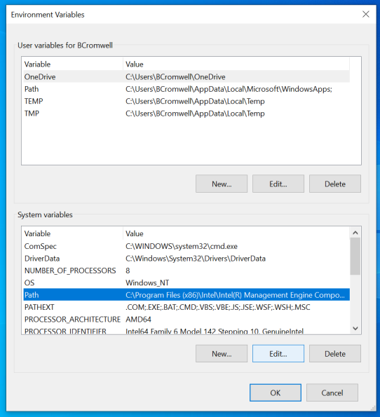 Windows 10 Settings: Changing the system PATH variable