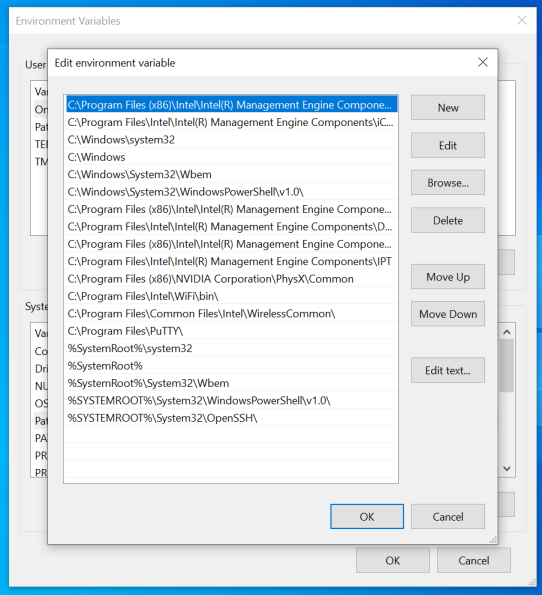 Windows 10 Settings: Changing the system PATH variable