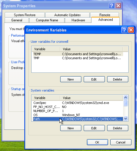 Windows environment variables configuration panel.