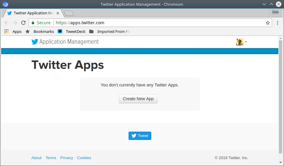 Signing in to Twitter, creating a new app.