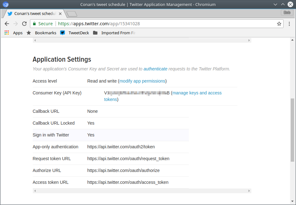 Twitter application settings.
