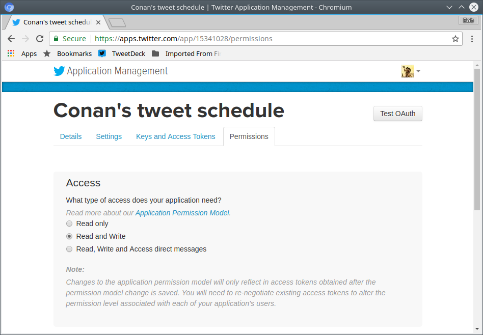 Twitter application permissions.