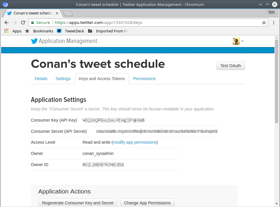 Twitter application consumer key and API secret.