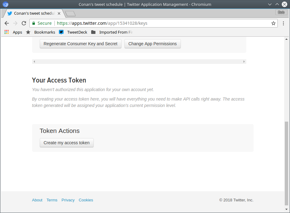 Creating the access token for a new Twitter application.