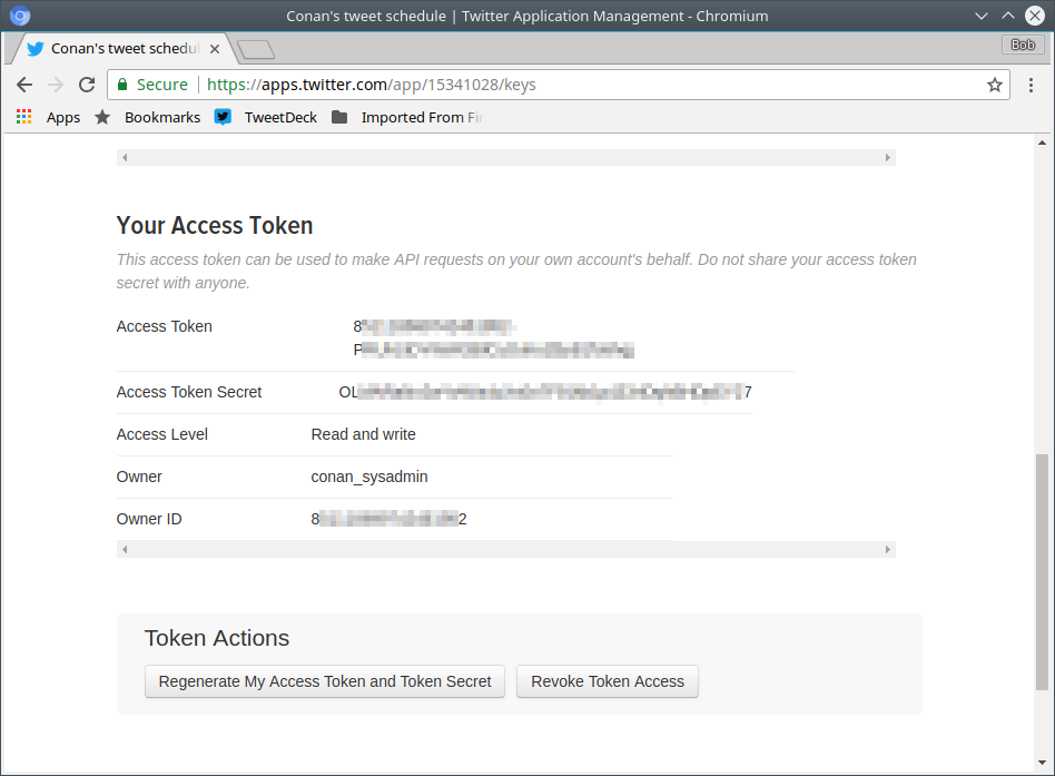 Twitter application access token and access token secret.
