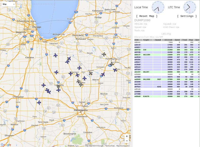Much improved PiAware web server view of ADS-B aircraft tracking. The better antenna receives significantly more aircraft out to a greater range.