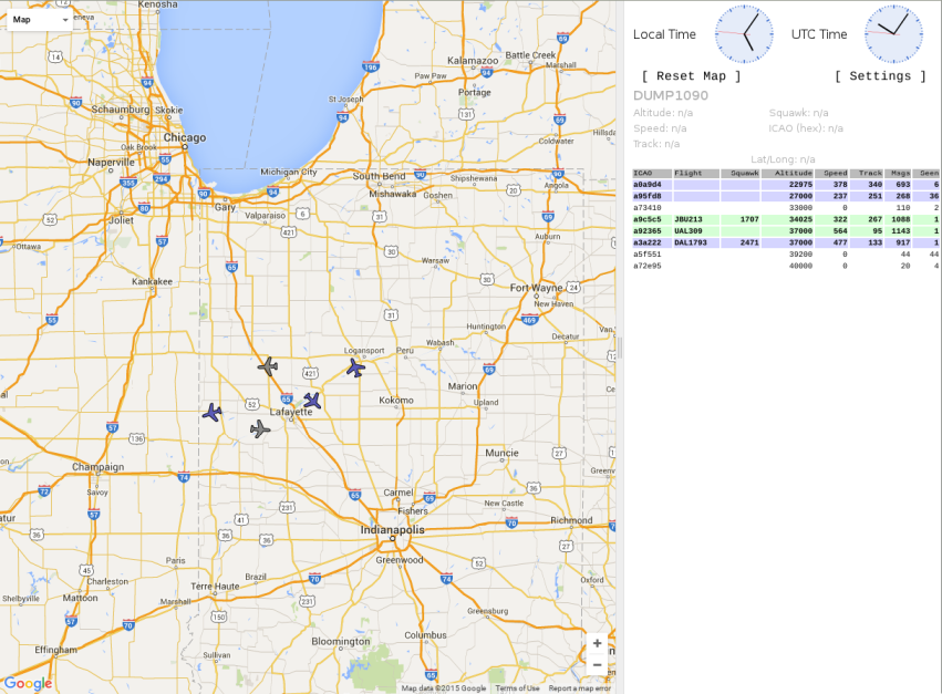 PiAware web server view of ADS-B aircraft tracking. Five aircraft heard around West Lafayette, Indiana, two United airliners, one JetBlue, and two unknown.