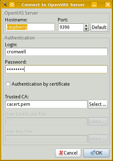 OpenVAS-Client connection dialog.