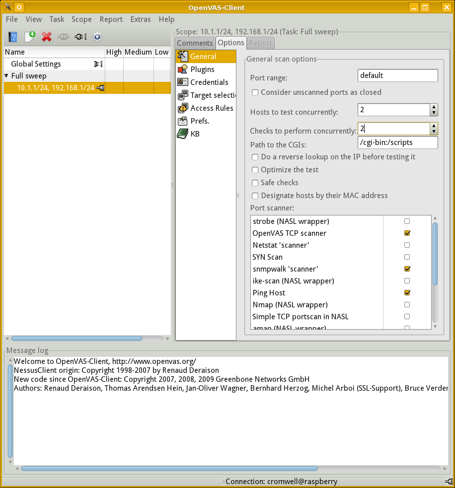 OpenVAS-Client console, connected to server.