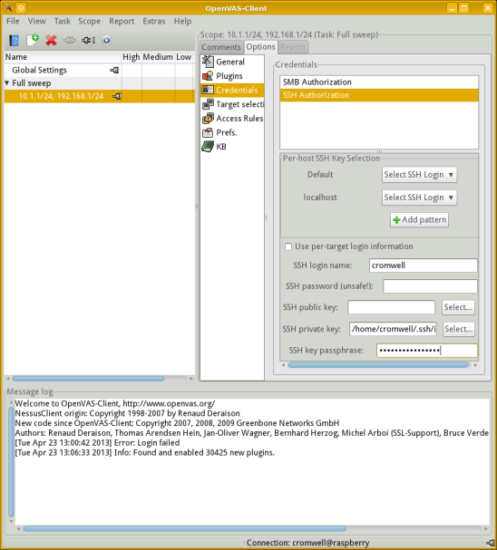 OpenVAS-Client console, configuring SSH authentication.