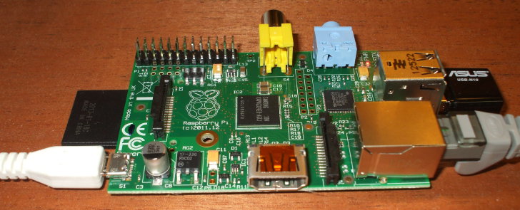 Top view of Raspberry Pi small Linux system with wired and wireless network connections.