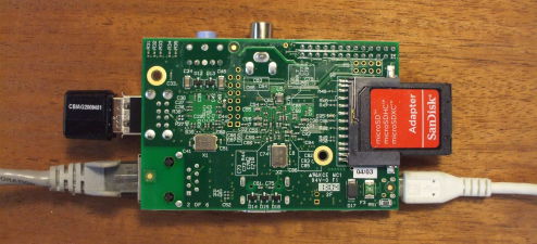 Bottom view of Raspberry Pi small Linux system with wired and wireless network connections.