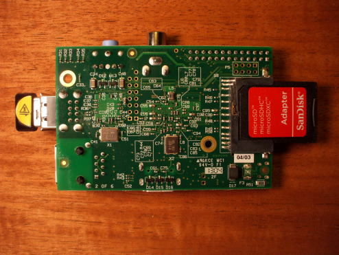 Bottom view of Raspberry Pi small Linux system.