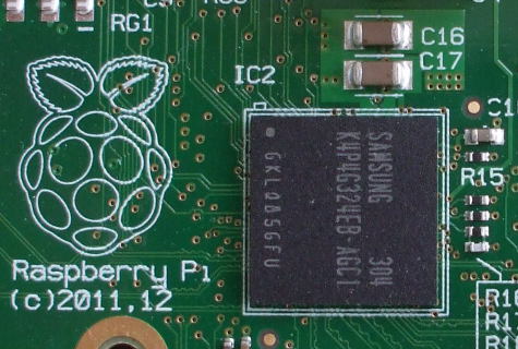 Raspberry Pi small Linux system, SoC or System on Chip.  Samsung 304 / K4P4G324EB-AGC1 / GKLQ856FU