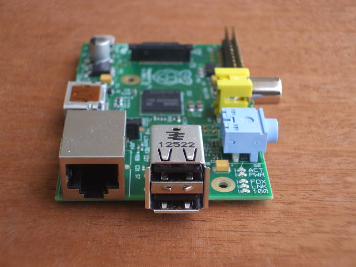 Raspberry Pi small single-board Linux computer, showing Ethernet and USB connectors.