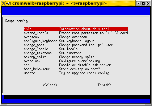 Raspberry Pi raspy-config screen shot.