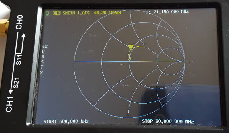 Smith chart measurement of a 9:1 unun HF transformer at 21.150 MHz.
