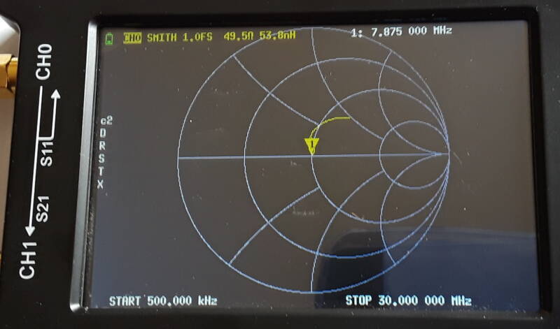 Smith chart measurement of a 9:1 unun HF transformer at 7.875 MHz.