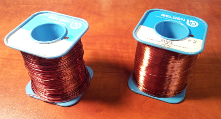 Spools of #24 and #34 enameled copper wire.