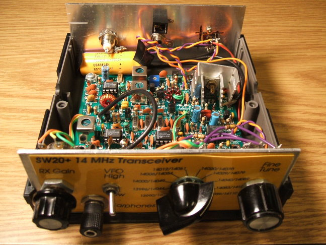 SW20+ 20 meter QRP ham radio transceiver, top cover removed, overall view.