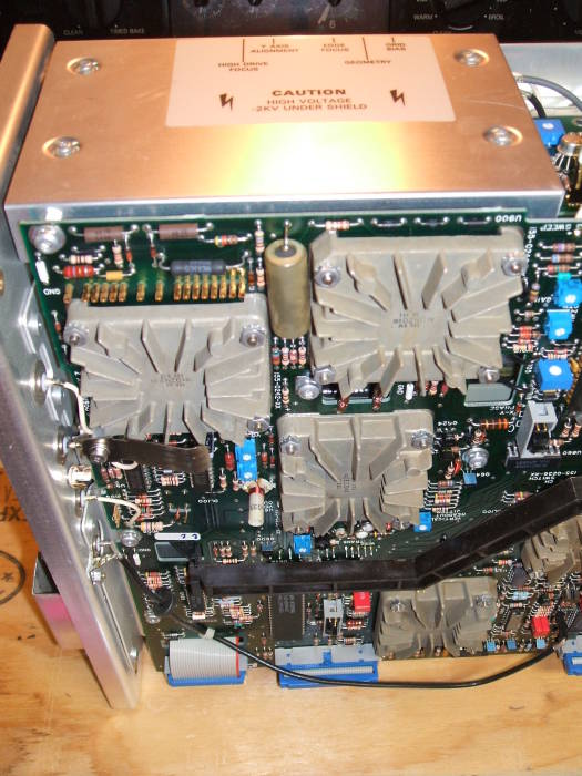 Tektronix 2445A repair, interior view, high voltage supply at left under aluminum cover