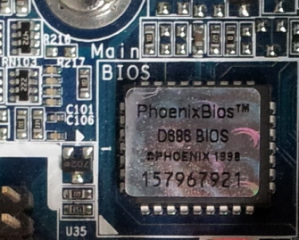 Phoenix BIOS chip on a PC motherboard.