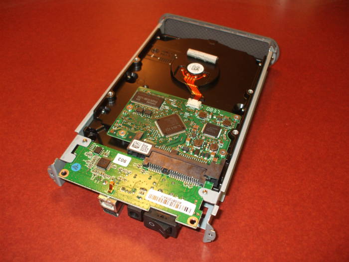 iOmega external disk, disk and USB interface on internal frame, bottom view.