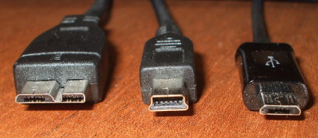 USB Micro-B for USB 3.0, USB Mini, and USB Micro connectors.