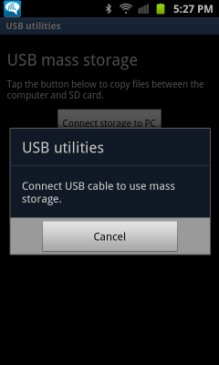 USB on a Samsung Galaxy S2 smart phone is ready to be connected.