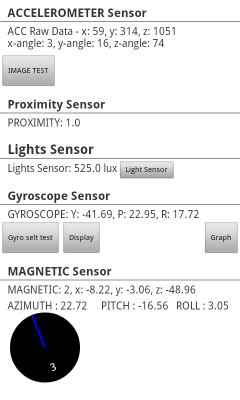 Sensor test menu screen on a Samsung Galaxy smart phone.