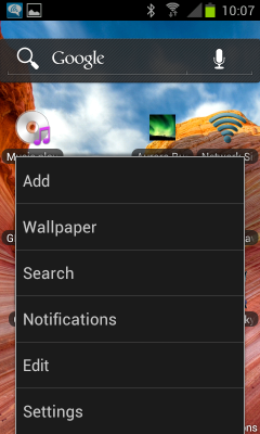 Main menu at the home screen on a Samsung Galaxy S2 smart phone.