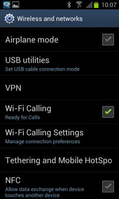Settings / More menu at the home screen on a Samsung Galaxy S2 smart phone.