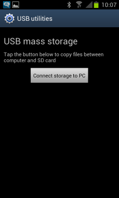 USB mass storage menu on a Samsung Galaxy S2 smart phone.