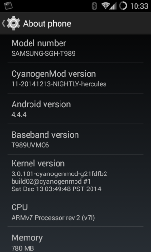 'About phone' screen on Samsung Galaxy S2 smart phone running CyanogenMod.