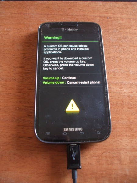 The Samsung Galaxy warns about installing a custom OS.