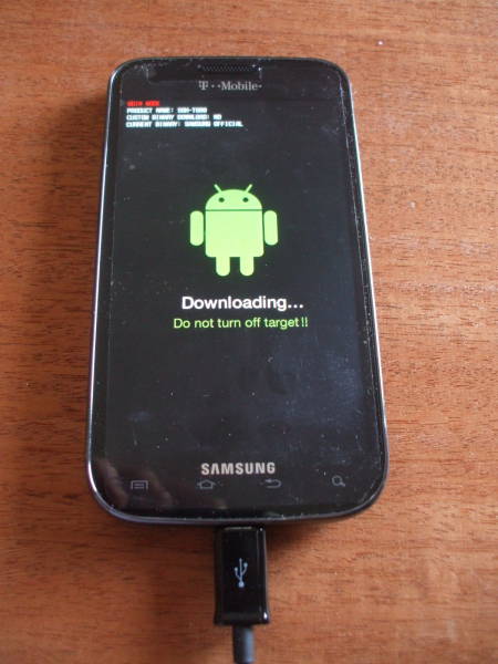 The Samsung Galaxy enters Odin mode for downloading a recovery image.