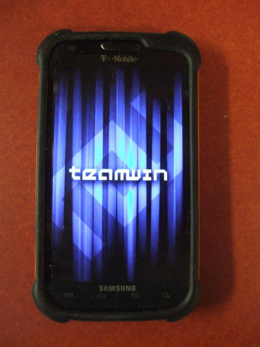 Team Win Recovery Project (TWRP) v2.8.1.0 boot splash screen on a T-Mobile SGH-T989 Samsung Galaxy.