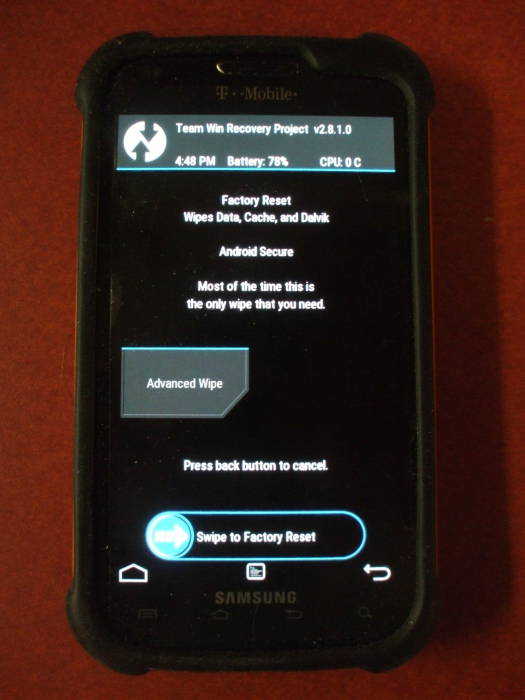 Factory reset and data wipe screen on a Team Win Recovery Project (TWRP) v2.8.1.0 on a T-Mobile SGH-T989 Samsung Galaxy.