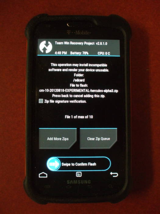 Zip file add screen on a Team Win Recovery Project (TWRP) v2.8.1.0 on a T-Mobile SGH-T989 Samsung Galaxy.