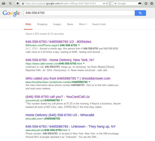 Google search for the telemarketer annoying me with calls from 646-558-6793.
